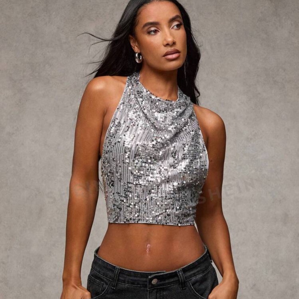 Women's Silver Solid Color Sequin Embellished Crisscross Cami Tops,